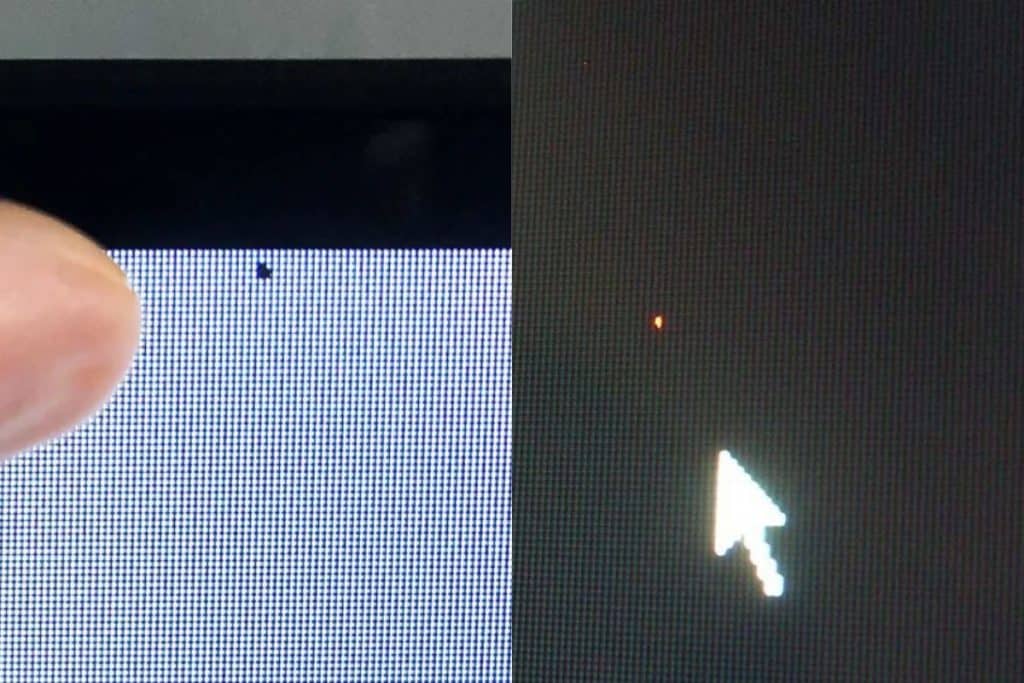 Différence entre pixel mort et pixel bloqué. 
Le pixel mort est à droite, le pixel bloqué est à gauche.